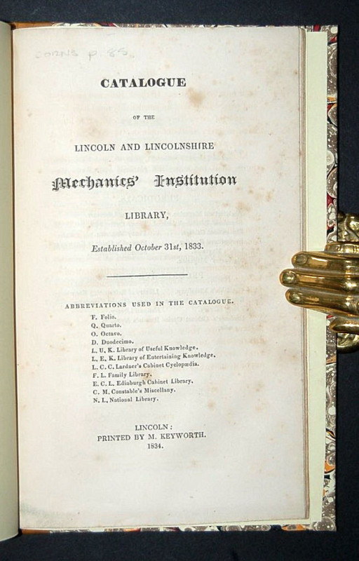 Catalogue Of The Lincoln And Lincolnshire Mechanics Institution Library Established October 31st 1833 Books Pbfa